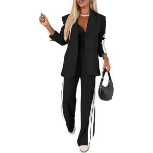 imageCHICME Womens Two Piece Outfits Striped Side Button Blazer and Pants with Pockets Sets Business Casual Pant Suits SetBlack