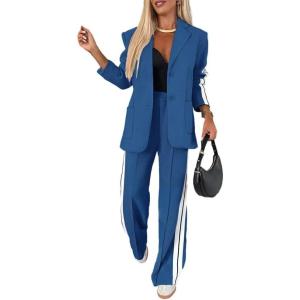 imageCHICME Womens Two Piece Outfits Striped Side Button Blazer and Pants with Pockets Sets Business Casual Pant Suits SetDark Blue