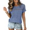 imageCHICME Womens Short Sleeve Top 2026 Summer Round Neck Ribbed Knit Rolled Cuffs Lace Casual TopBlue