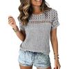 imageCHICME Womens Short Sleeve Top 2026 Summer Round Neck Ribbed Knit Rolled Cuffs Lace Casual TopGray