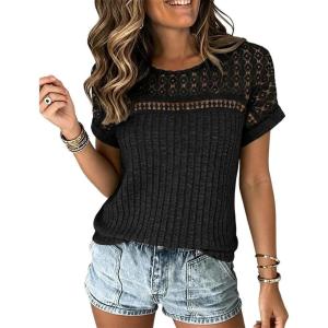 imageCHICME Womens Short Sleeve Top 2026 Summer Round Neck Ribbed Knit Rolled Cuffs Lace Casual TopBlack