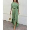 image:imageCHICME Women Summer 2 Piece Outfits Off Shoulder Batwing Sleeve Top Flowy Slit Wide Leg Pants Sets Trave Matching SetAgreen