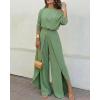 image:imageCHICME Women Summer 2 Piece Outfits Off Shoulder Batwing Sleeve Top Flowy Slit Wide Leg Pants Sets Trave Matching SetAgreen