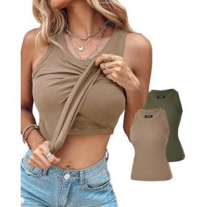 image:imageCHICME 2 Piece Built in Bra Tank Tops for Women Ribbed Tank Top Fitness Racerback Workout Tops2pcs Khakiarmy Green