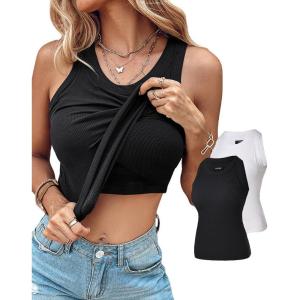 image:imageCHICME 2 Piece Built in Bra Tank Tops for Women Ribbed Tank Top Fitness Racerback Workout TopsBlack white