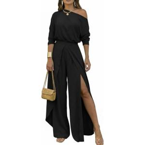 image:imageCHICME Women Summer 2 Piece Outfits Off Shoulder Batwing Sleeve Top Flowy Slit Wide Leg Pants Sets Trave Matching SetBlack