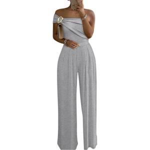 image:imageCHICME Womens Jumpsuit Dressy One Shoulder Buckle Decor Ruched Wide Leg Jumpsuits Elegant Party OverallQgray
