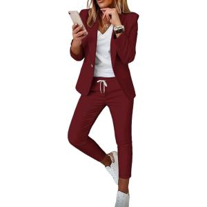 image:imageCHICME Womens Suits 2 Piece Set Notched Collar Blazer and Drawstring Pants Suits Set Casual Business OutfitsDark Red
