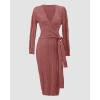 image:imageCHICME Elegant Cable Knit Wrap Dress for Women Long Sleeve V Neck Tie Waist Midi Sweater DressBrown