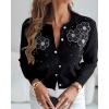 image:imageCHICME Womens Elegant 3D Pearl Embellished Floral Knit Cardigan Long Sleeve Round Neck Front Sweater CoatBlack
