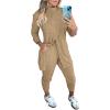 image:imageCHICME 2 Piece Long Sleeve Lounge Outfits for Women Mock Neck Decorative Button Slit Top and Stretchy Cuffed Pants SetKhaki