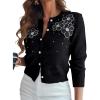 image:imageCHICME Womens Elegant 3D Pearl Embellished Floral Knit Cardigan Long Sleeve Round Neck Front Sweater CoatBlack