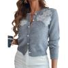 image:imageCHICME Womens Elegant 3D Pearl Embellished Floral Knit Cardigan Long Sleeve Round Neck Front Sweater CoatGray