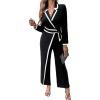 image:imageCHICME Wrap Front Jumpsuits for Women Contrast Paneled Long Sleeve Notched Collar Padded Shoulders Casual JumpsuitAblack