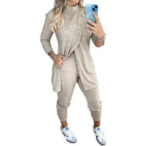 image:imageCHICME 2 Piece Long Sleeve Lounge Outfits for Women Mock Neck Decorative Button Slit Top and Stretchy Cuffed Pants SetAbeige