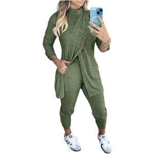 image:imageCHICME 2 Piece Long Sleeve Lounge Outfits for Women Mock Neck Decorative Button Slit Top and Stretchy Cuffed Pants SetArmy Green