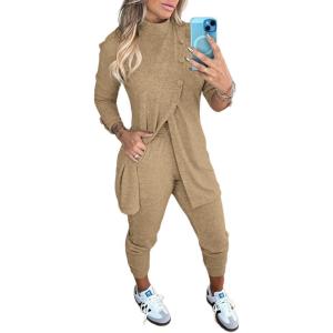 image:imageCHICME 2 Piece Long Sleeve Lounge Outfits for Women Mock Neck Decorative Button Slit Top and Stretchy Cuffed Pants SetKhaki