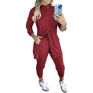 image:imageCHICME 2 Piece Long Sleeve Lounge Outfits for Women Mock Neck Decorative Button Slit Top and Stretchy Cuffed Pants SetWine Red