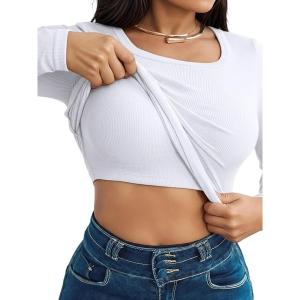 image:imageCHICME Women Seamless Builtin Bra Long Sleeve Shirts U Neck Knit TShirts Basic Tops Fall Winter OutfitsAwhite