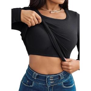 image:imageCHICME Women Seamless Builtin Bra Long Sleeve Shirts U Neck Knit TShirts Basic Tops Fall Winter OutfitsBblack