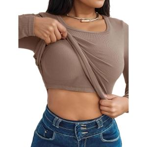 image:imageCHICME Women Seamless Builtin Bra Long Sleeve Shirts U Neck Knit TShirts Basic Tops Fall Winter OutfitsDkhaki
