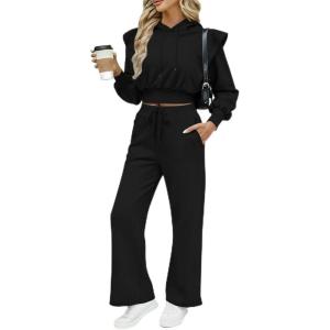 image:imageCHICME Womens 2 Piece Outfits Cropped Long Sleeve Hoodie and Wide Leg Sweatpants Set Fall Fashion Sweatsuit TracksuitBlack