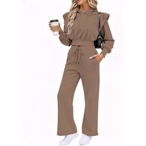 image:imageCHICME Womens 2 Piece Outfits Cropped Long Sleeve Hoodie and Wide Leg Sweatpants Set Fall Fashion Sweatsuit TracksuitBrown