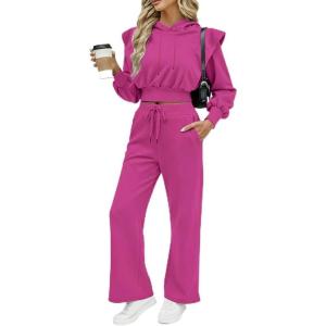 image:imageCHICME Womens 2 Piece Outfits Cropped Long Sleeve Hoodie and Wide Leg Sweatpants Set Fall Fashion Sweatsuit TracksuitHot Pink