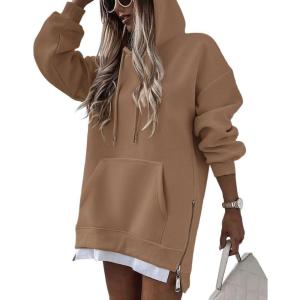 image:imageCHICME Womens Oversized Long Hoodie Dress Fall Outfits Comfrt Pullover Sweatshirt Winter ClothingBrown