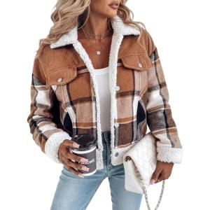 image:imageCHICME Womens Plaid Fleece Jacket Long Sleeve Sherpa Lined Winter Jackets Warm CoatKhaki