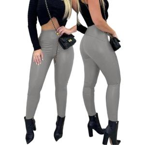 image:imageCHICME Womens Stretch Faux Leather Pants High Waist Curved Fleece Lined Tights Pants PU Leather LeggingsDark Grey