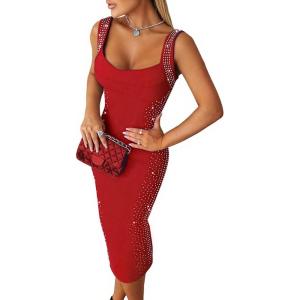 image:imageWomens Sexy Elegant Rhinestone Square Neck Sleeveless Bodycon Midi Dress Cocktail Party Club Night Out DressRed