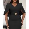 image:imageCHICME Womens Elegant Cape Sleeve Bodycon Midi Dress VNeck Back Slit Slim Fit Cocktail Pencil DressBlack