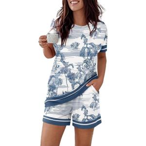 image:imageCHICME Pajamas Set for Women 2 Piece Pjs Lounge Set Soft Short Sleeve Tops and Sleep Shorts with PocketPblue