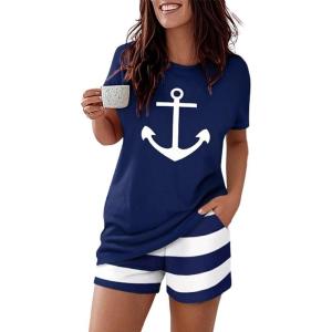 image:imageCHICME Pajamas Set for Women 2 Piece Pjs Lounge Set Soft Short Sleeve Tops and Sleep Shorts with PocketPurplish Blue
