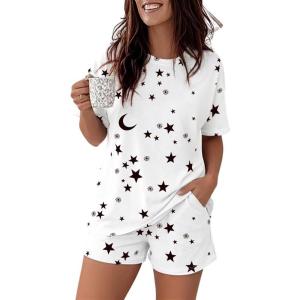 image:imageCHICME Pajamas Set for Women 2 Piece Pjs Lounge Set Soft Short Sleeve Tops and Sleep Shorts with PocketRwhite