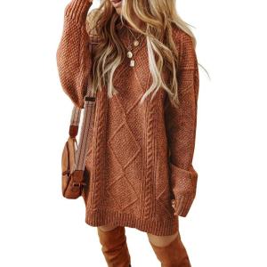 image:imageCHICME Women Round Neck Long Sleeve Sweater Cable Knit Casual Loose Fit Pullover Fall Winter SweatersBrown
