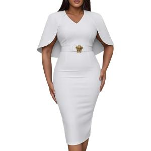 image:imageCHICME Womens Elegant Cape Sleeve Bodycon Midi Dress VNeck Back Slit Slim Fit Cocktail Pencil DressAwhite