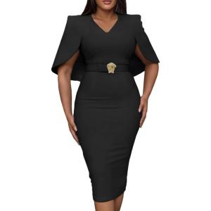 image:imageCHICME Womens Elegant Cape Sleeve Bodycon Midi Dress VNeck Back Slit Slim Fit Cocktail Pencil DressBlack
