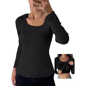 image:imageCHICME Womens Fall Long Sleeve Square Neck T Shirts with Builtin Shelf Bra Ribbed Knit Slim Fit Casual Basic TopsBlack