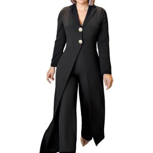 image:imageCHICME Womens Faux Two Piece Jumpsuits Casual Dressy Long Sleeve V Neck Wide Leg One Piece OutfitsBlack
