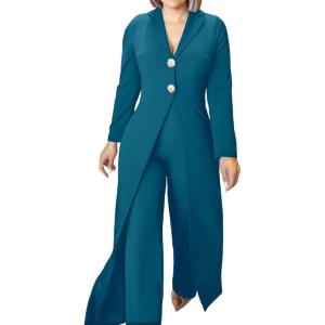 image:imageCHICME Womens Faux Two Piece Jumpsuits Casual Dressy Long Sleeve V Neck Wide Leg One Piece OutfitsBlue