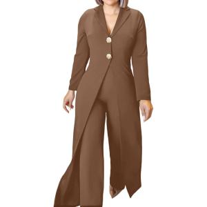 image:imageCHICME Womens Faux Two Piece Jumpsuits Casual Dressy Long Sleeve V Neck Wide Leg One Piece OutfitsCoffee
