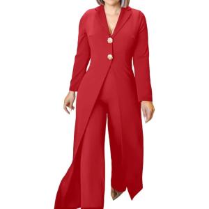 image:imageCHICME Womens Faux Two Piece Jumpsuits Casual Dressy Long Sleeve V Neck Wide Leg One Piece OutfitsRed