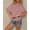 image:imageCHICME Womens Summer Boho Tops Dressy Casual Crewneck Short Sleeve Blouse Ruffle Hem Eyelet Shirts Beach VacationPink