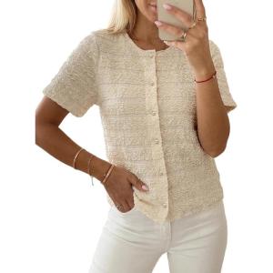 image:imageCHICME Short Sleeve Tops for Women Round Neck Button Front Textured Casual Blouse for Spring SummerBeige