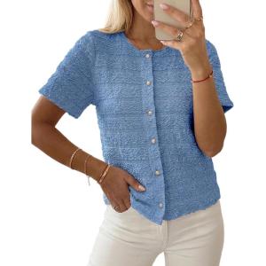 image:imageCHICME Short Sleeve Tops for Women Round Neck Button Front Textured Casual Blouse for Spring SummerLighted Blue