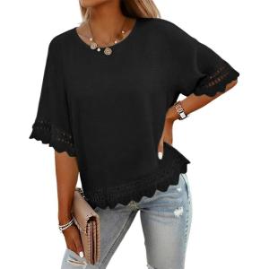 image:imageCHICME Womens Summer Boho Tops Dressy Casual Crewneck Short Sleeve Blouse Ruffle Hem Eyelet Shirts Beach VacationBlack