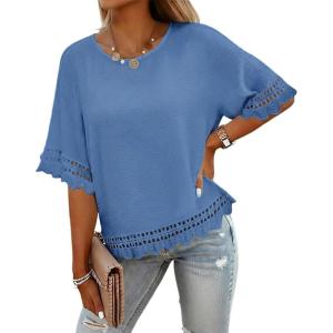image:imageCHICME Womens Summer Boho Tops Dressy Casual Crewneck Short Sleeve Blouse Ruffle Hem Eyelet Shirts Beach VacationDark Blue