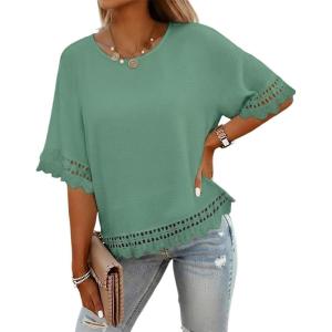 image:imageCHICME Womens Summer Boho Tops Dressy Casual Crewneck Short Sleeve Blouse Ruffle Hem Eyelet Shirts Beach VacationLight Green